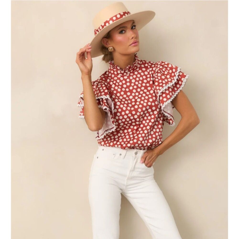 Prosperina Blair Brick Red Polka Dot Cotton Ruffle Top Size S